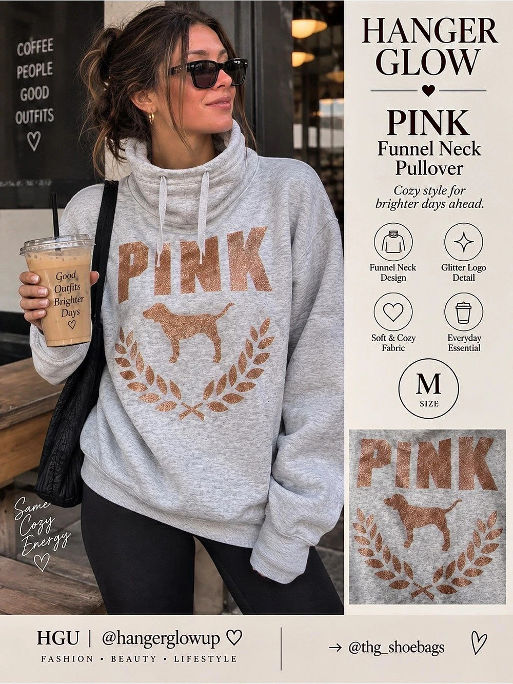 PINK Victoria’s Secret Funnel Neck Glitter Dog Sweatshirt Gray M NWT